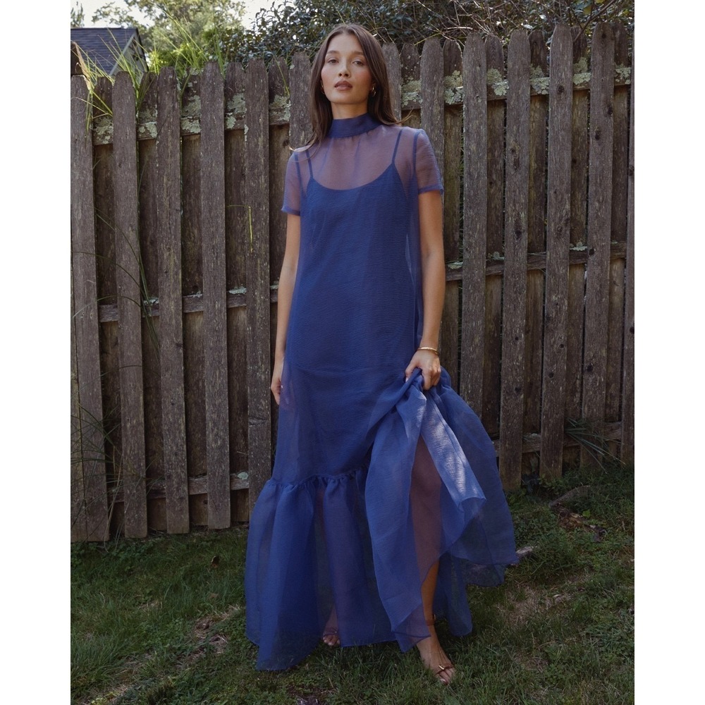 NWT CAARA Melody Tie Neck Organza Ruffle Hem Dress Navy Blue - Size Medium - Picture 2 of 14